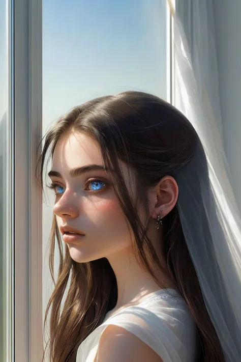 (ethereal fantasy concept art of, magnificent, celestial, ethereal, painterly, epic, majestic, magical, fantasy art, cover art, dreamy:1.2) OliviaChristie, focus on eyes, close up on face, hair styled Straight and Sleek, silhouetted against the window,