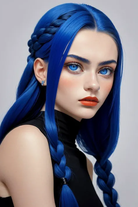 (constructivist design of, geometric, bold, Russian art, highly detailed:1.2) OliviaChristie, focus on eyes, close up on face, pouting, wearing jewelry, light royal blue hair styled parallel braid, soft focus,