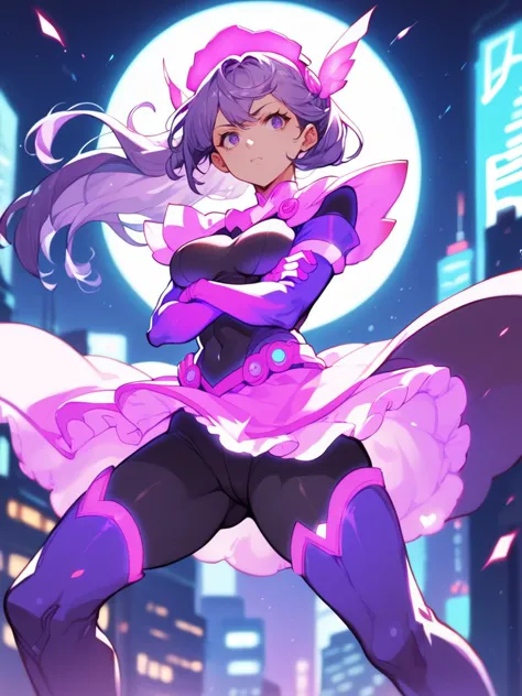 score_9,score_8_up,score_7_up,source_anime,rating_safe,1 girl,<lora:henshin_d:1>,henshin_d,glowing dress,long skirt,sci-fi,helmet,(bodysuit:1.2),long purple hair,skyscraper,neon lights,upper body,thighs,crossed arms,spread legs,front view,angry