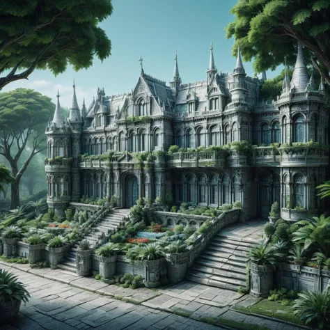 a large castle with a lot of trees and bushes around it