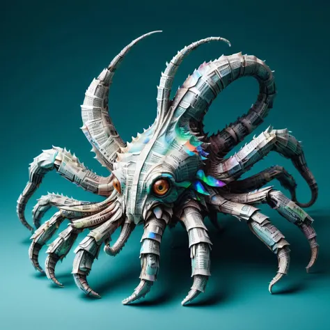 hyper detailed masterpiece, dynamic, awesome quality,newsp4per, gigantic mythical iridescent gritty cephalopod life form,  scaled appendages,  long-tailed, hairy fur,    ,   <lora:newsp4per:1>