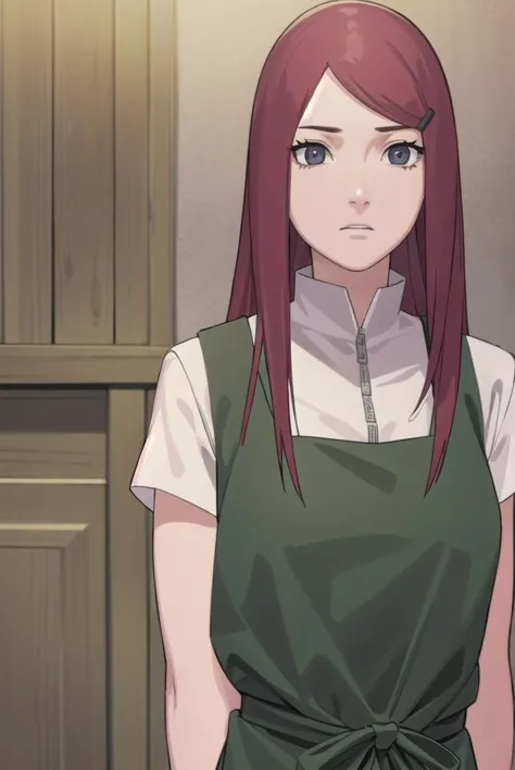 a close up of a person with red hair wearing a green apron