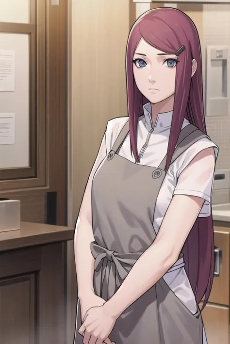 anime girl with long red hair in apron standing in kitchen