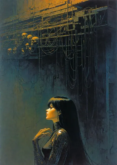 1 woman, cyborg wires long black hair 
 turtleneck sleeveless  
resting against the wall 
dark hell background shadow  ghost , skulls, mainframe
  art by Jean Giraud   Yoshitaka Amano Bill Sienkiewicz 
Zdzislaw Beksinski