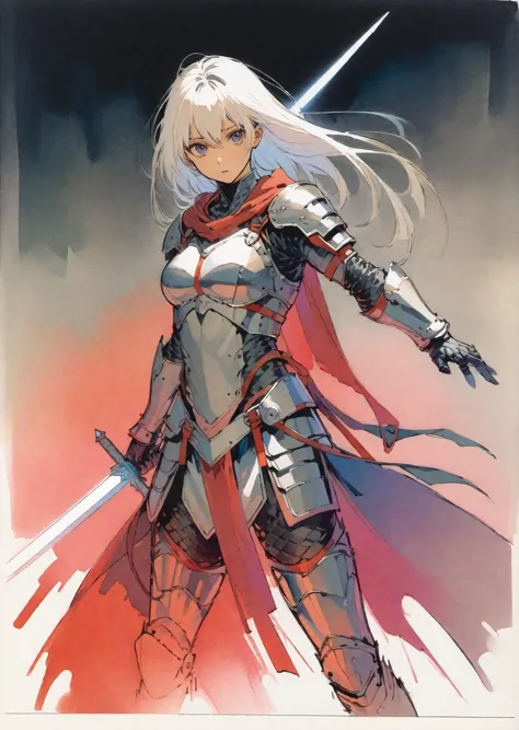 1 female warrior detailed armor concept art fantasy anime manga-comic ink gradient by Akihiko Yoshida Yoshitaka Amano by Bill Sienkiewicz