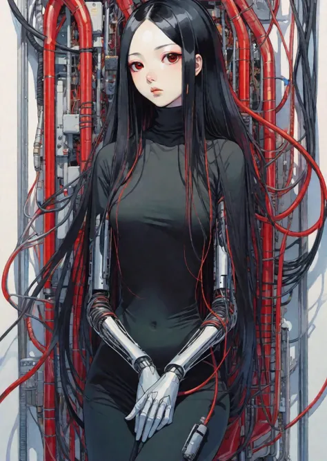 1girl, cyborg , resting  gradient  detailed hands detailed body   long black straight hair mechanical arms red turtleneck tight oriental poetic horror ghost tubes , wires 
  art by Harumi Hironaka Uemura Shoen