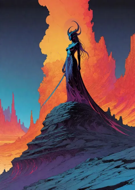 a woman in a long dress stands on a rock with a sword