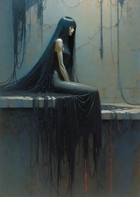 1 woman, cyborg wires long black hair 
 turtleneck sleeveless  
resting along the wall 
dark hell background shadow  ghost 
  art by Jean Giraud   Yoshitaka Amano Bill Sienkiewicz Zdzislaw Beksinski