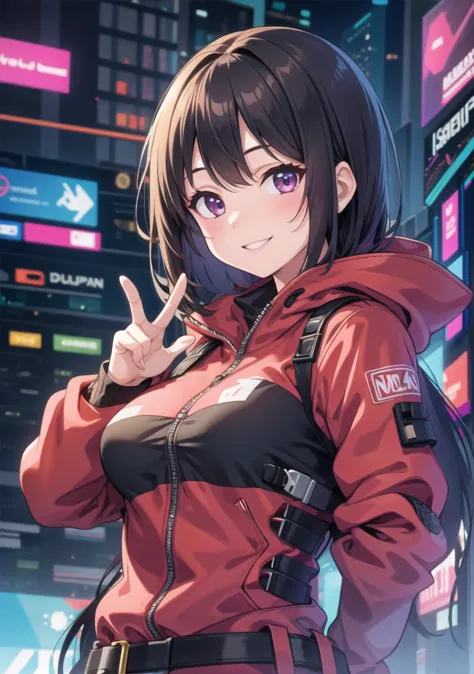 a woman in a red jacket and black pants standing in front of a neon city