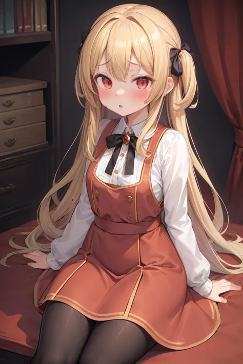 anime girl sitting on a bed with a bookcase in the background