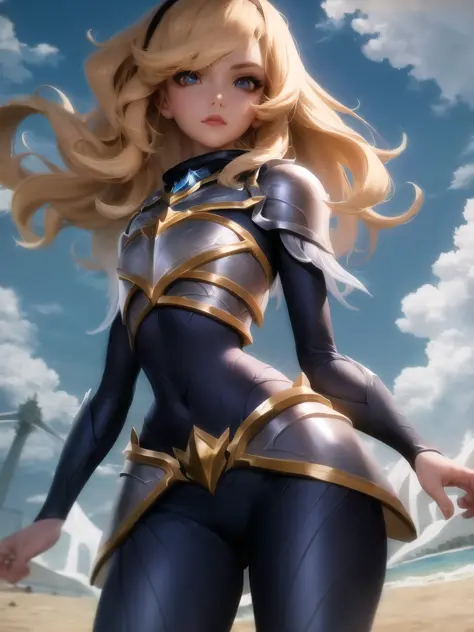 beach, lux, luxanna crownguard, league of legends, cowboy shot, looking at viewer, 1girl, solo, blonde hair, blue eyes, blue pants, blue bodysuit, bodysuit, impossible bodysuit, brown hairband, hairband, long hair, long sleeves, shoulder plates, breastplat...