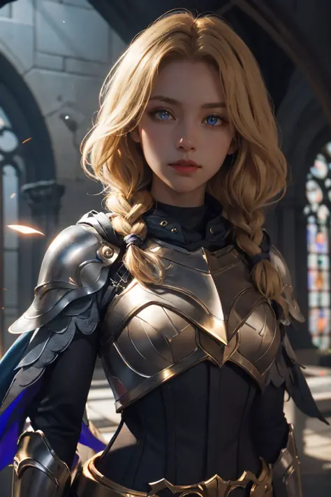 lux, luxanna crownguard, upper body of paladin lady in ornate golden armor, black collar, pauldrons, breastplate, corset, glowing halo, single braid, blonde, blue glowing eyes, bright pupils, eye focus, red cape, temple indoors, stained glass windows, night, moonlight, particles, light beam, chromatic aberration, <lora:lux-000016:1>