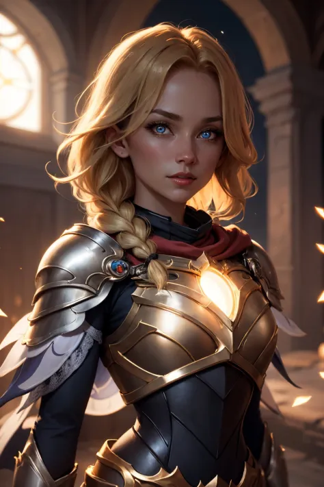 lux, luxanna crownguard, upper body of paladin lady in ornate golden armor, black collar, pauldrons, breastplate, corset, glowing halo, single braid, blonde, blue glowing eyes, bright pupils, eye focus, red cape, temple indoors, stained glass windows, night, moonlight, particles, light beam, chromatic aberration, <lora:lux-000016:1>