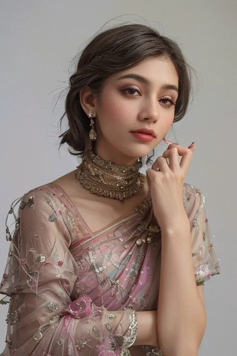 a woman in a pink sari and gold jewelry poses for a picture