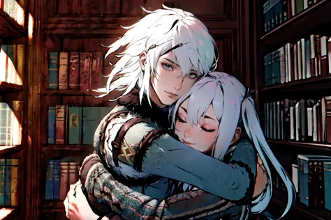 Highly detailed, High Quality, Masterpiece, beautiful, cowboy shot, book stack, book, bookshelf,
BREAK 1boy, <lora:Char_Nier_Brother:0.7>, white hair, smile, hug
BREAK, kaine \(nier\), <lora:Char_Nier_Kaine:0.5>, 1girl, smile, hug