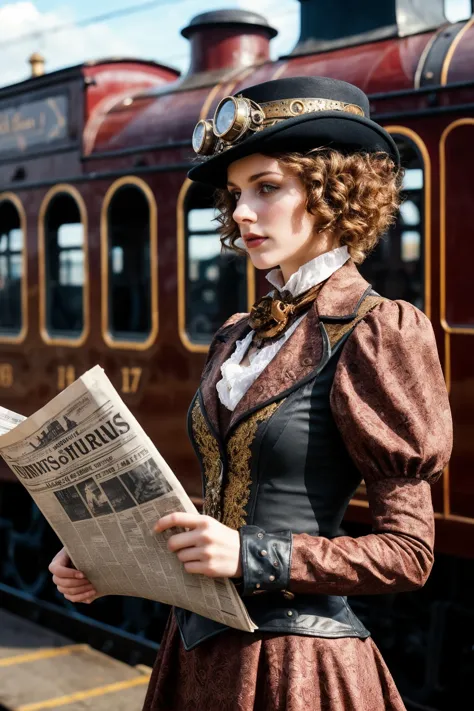 (foto realista), steampunk, 
mujer joven, __apariencia/cabello__, 
traje decorado, 
tren a vapor, plataforma de espera, 
periódico, 
__tiempo__, 
textura de la piel, (mejor calidad, absurdos)