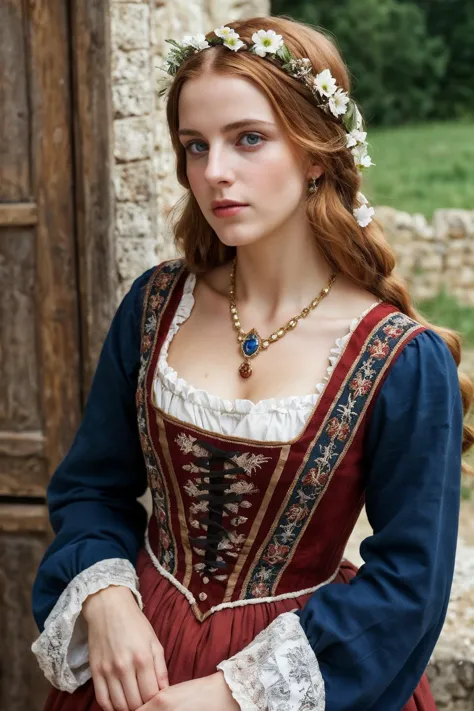 (realistic photo), medieval french, 
young female, __appearance/hair__, peasant, 
peasant outfit, decorated, cleavage, 
__time__...