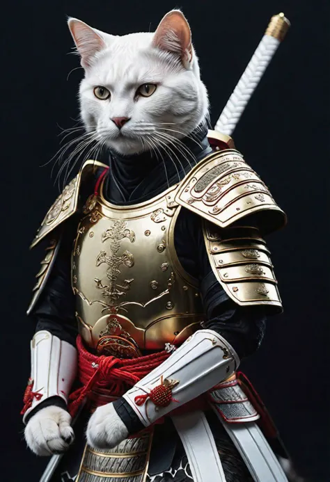 gute Qualität, realistisch, extradetalisiert, ausführlich, anthropomorphe Katze Samurai, in weißer Rüstung, 
(((Nachtzeit, Blick aus der Ferne)))