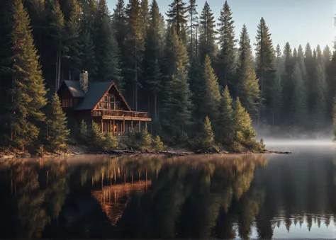 a raw photo of a tranquil lakeside cabin surrounded by towering pine trees, with the early morning mist gently rising from the w...