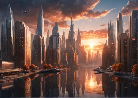 obra maestra, una impresionante escena fotorrealista de un paisaje urbano de otro mundo al amanecer, con imponentes estructuras cristalinas bañadas por el cálido resplandor de un amanecer con doble sol, con un horizonte futurista reflejado en un prístino, cuerpo de agua ondulante, y vehículos voladores que navegan sin problemas por los cielos, todo cobra vida con la precisión y el detalle