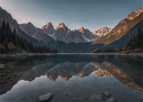 ein fesselndes unbearbeitetes Foto, das die atemberaubende Schönheit einer ruhigen Berglandschaft bei Sonnenaufgang einfängt. Die hoch aufragenden Gipfel sollten in den weichen, goldene Farbtöne der Morgendämmerung, mit nebligen Tälern darunter und einem kristallklaren Bergsee, der die umgebende Schönheit widerspiegelt. Stelle sicher, dass die Komposition die Ruhe und Erhabenheit der Szene hervorhebt, verhüllt sein, was sie zu einer idealen Kulisse für Entspannung und Inspiration macht. Meisterwerk, fotorealistisch, 8k, Fujifilm XT3