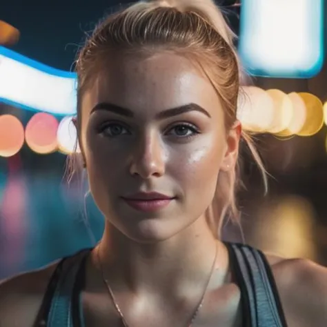 full_shot,1girl,white_skin,adult,skinny,blonde hair,bright_pupils,sportswear,smile,highres,city,raw photo,8k,tank top,night shoo...