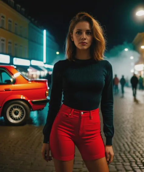 raw_photo,full_shot,european woman posing for a picture with her butt showing front red bmw_e30 in prague night streets,realisti...