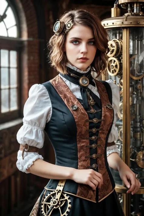 (realistic photo), steampunk, 
young female, __appearance/hair__, 
narrow dress, decorated, 
__time__, 
skin texture, (best qual...