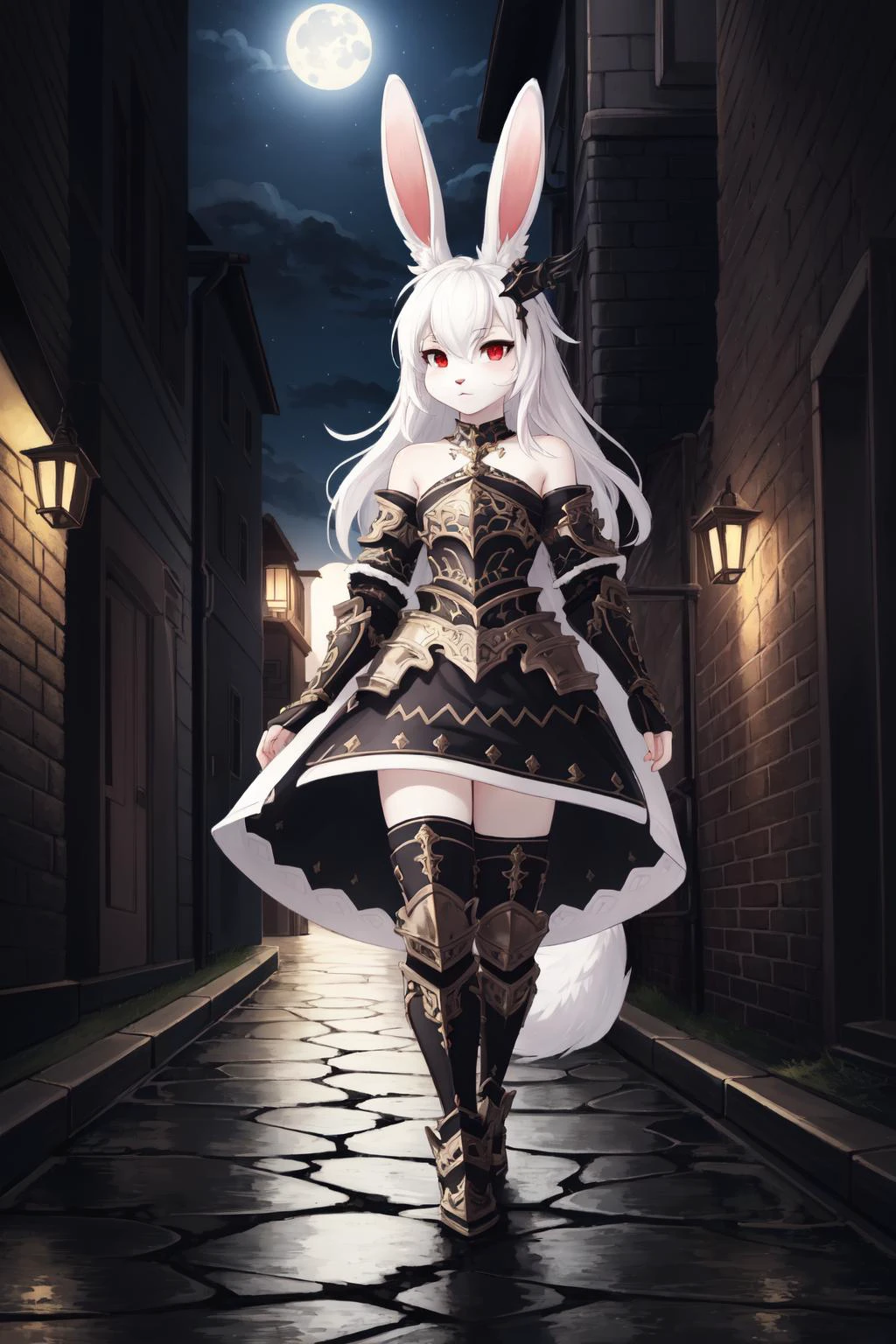 (masterpiece, best quality),  intricate details, 8k, artstation, wallpaper, official art, splash art, sharp focus,
(anthro rabbit girl, full body fur, white furrabbit ears:1.2),, (1girl),   white hair, red eyes, , thin figure, small breasts, long flowing white hair, messy hair,
mage, arcane ritual, gloomy back alley, city streets, wet pavement, night time, stars in sky, moonlight, 
floating magical tome,  War_Glam, wearing  War_Glam,  black armor, silver filigree, pauldrons, armored skirt,  dark theme,  full body,