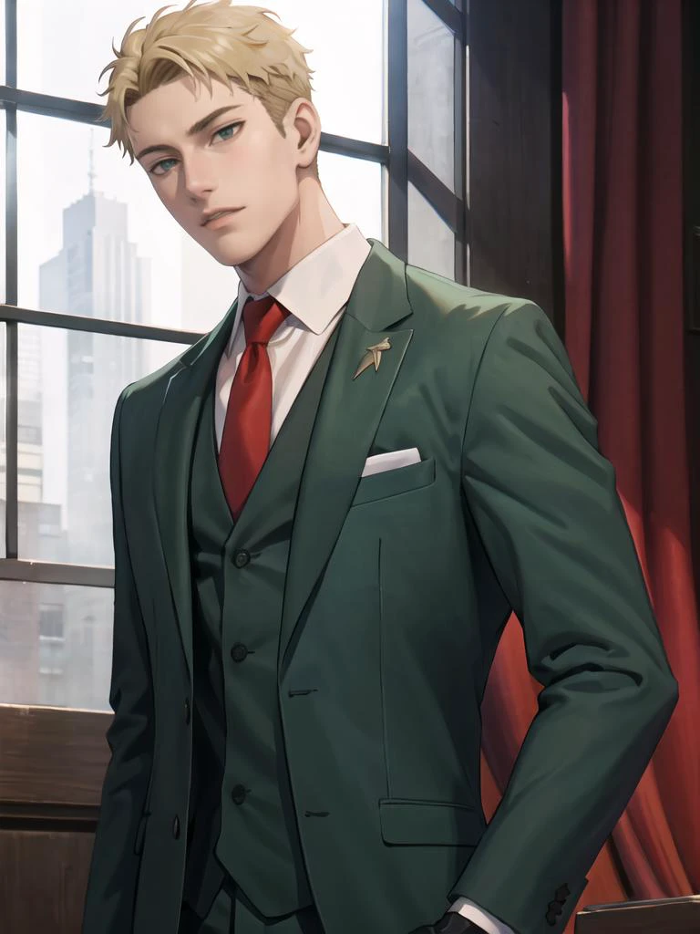 best quality, masterpiece, highres, 1boy,male,solo,upper body,  twilight \(spy x family\), short hair, blonde hair,formal, green suit, red necktie, green pants, black gloves