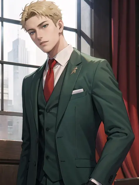 best quality, masterpiece, highres, 1boy,male,solo,upper body,  <lora:sxf_loid_forger-10:1>,twilight \(spy x family\), short hair, blonde hair,formal, green suit, red necktie, green pants, black gloves