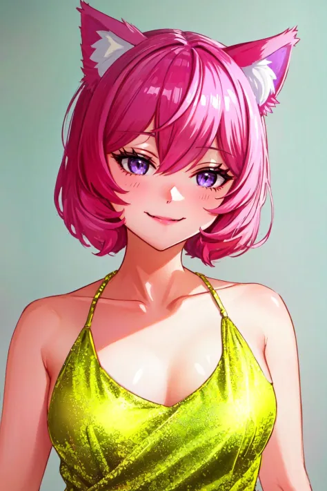 (masterpiece, best quality),  intricate details,
1girl,   <lora:nyatasha_nyanners:0.8> nyatasha nyanners, virtual youtuber, animal ears, cat ears,  pink hair, smile, purple eyes, looking at viewer, cat girl,  bangs, solo, animal ear fluff, hair between eyes, bow,  fang, short hair,    skin fang,  cat tail, eyelashes, 
 <lora:evening_gown:0.8> evening gown,