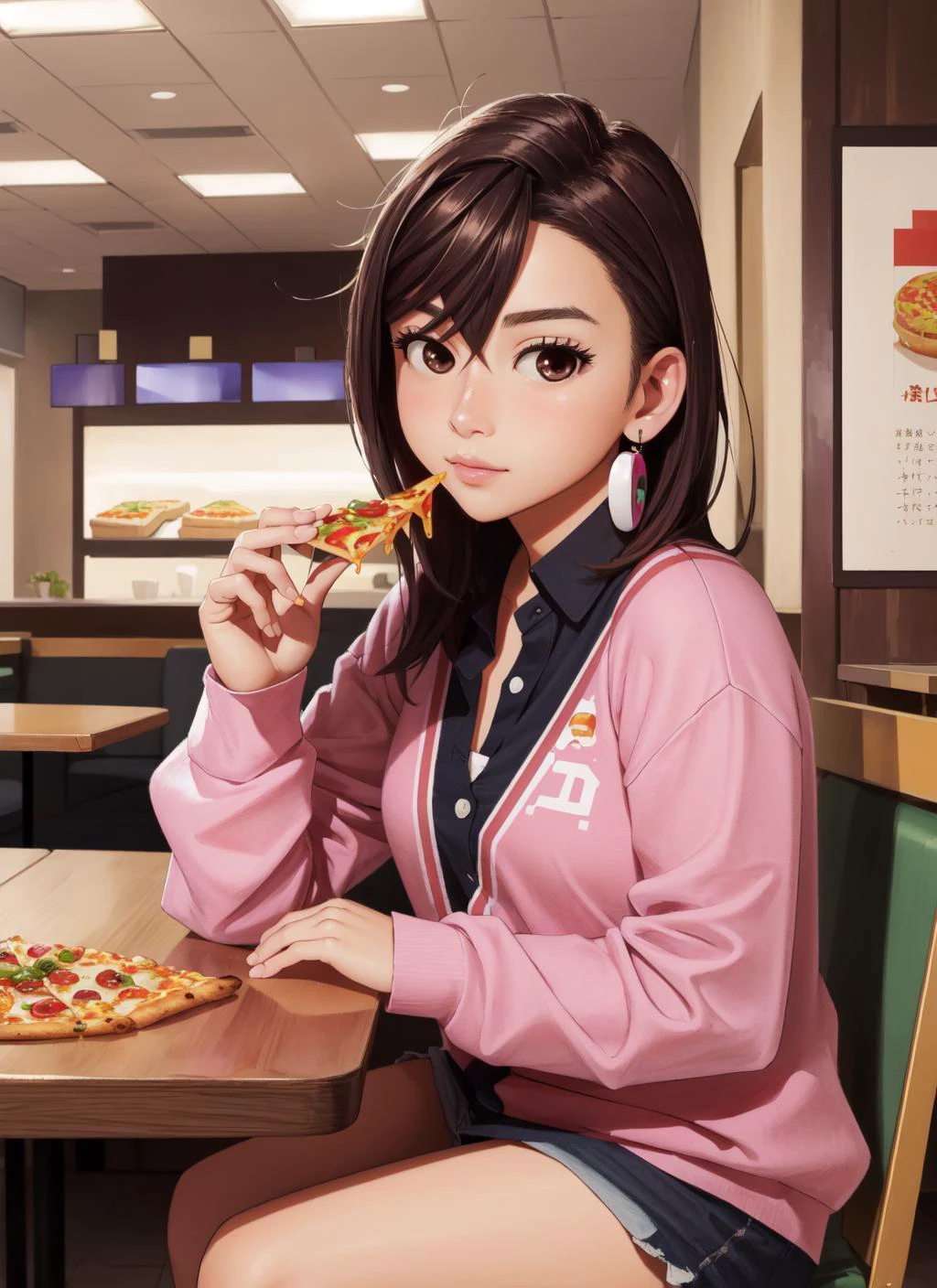 (傑作, 最高品質),  複雑なディテール, 
1人の女の子,        種_触媒, 
ファーストフードレストラン, テーブルに座っている, ピザを食べる,
