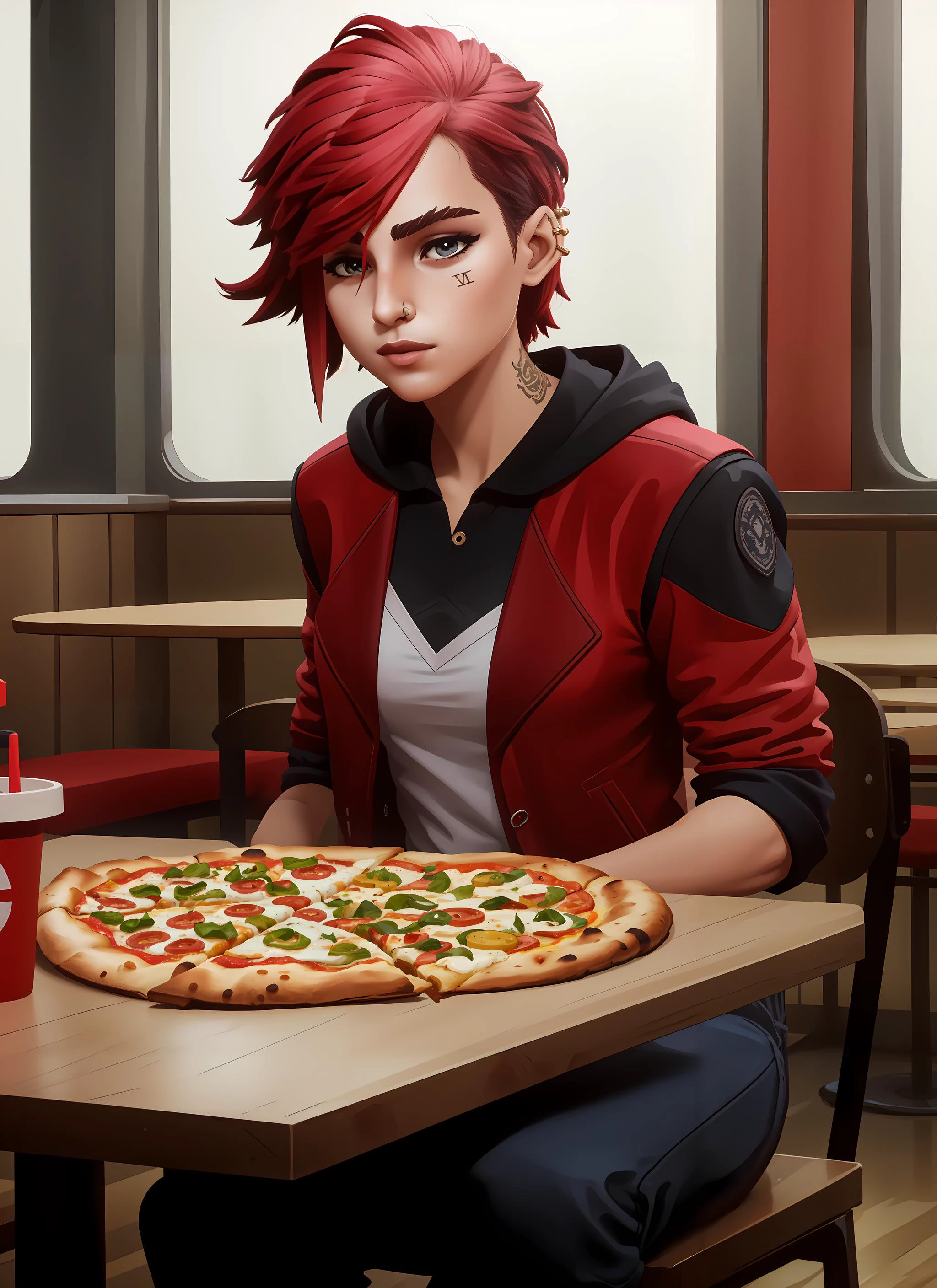 (傑作, 最好的品質),  錯綜複雜的細節, 
1個女孩,      
速食店, 坐在桌邊, 吃披薩, 
 v1l0l, 1個女孩, 红色夹克, 无袖连帽衫, 鼻子穿孔,