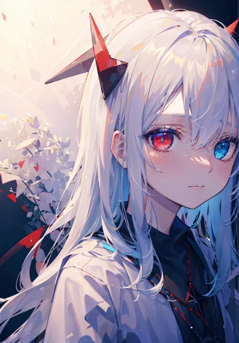 ((masterpiece)), ((ultra-detailed)), pixiv, best shadows, best lighting, best quality, cinematic shot, rim lightning, solo, abstract, 1girl, looking at viewer, black background, pentagram, bangs, blue eyes, white hair, portrait, heterochromia, hexagram, red eyes