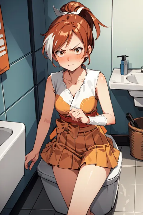 (Meisterwerk, beste Qualität),  komplizierte Details,
1 Mädchen,   
 Crunchyroll Hime, 
 Badezimmer, auf der Toilette sitzen, beschämt, wütend, den Betrachter anstarren, Überrascht,