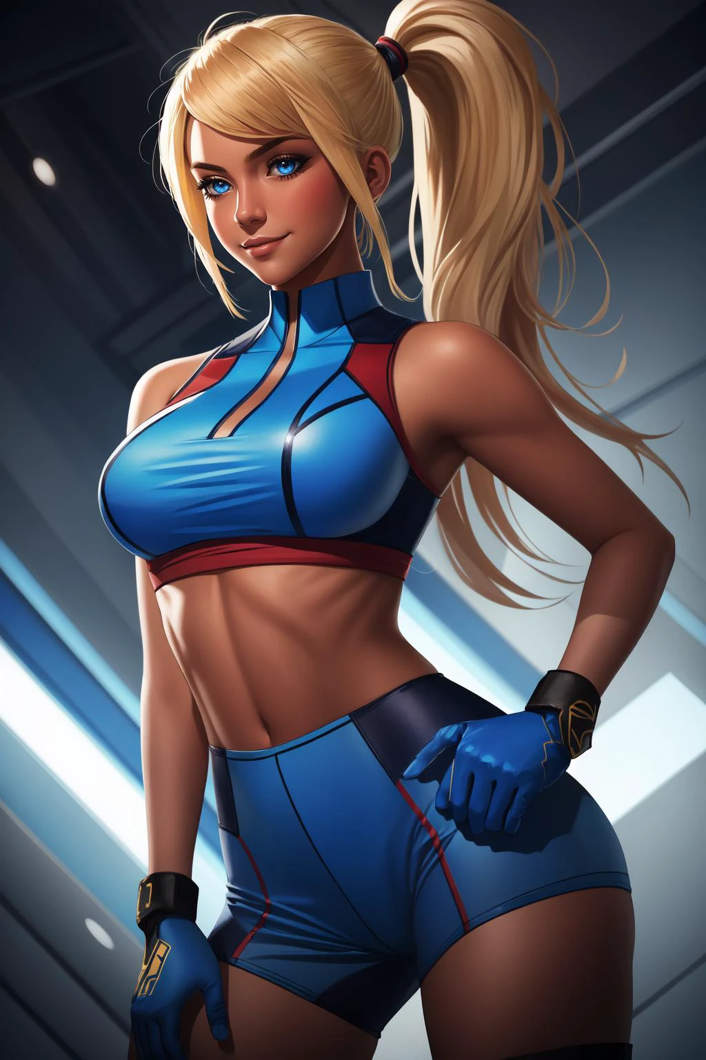 (masterpiece, best quality),  intricate details,
1girl,    samus aran, ponytail, hair tie, blue gloves, blue bodysuit, ponytail, blue crop top, sleeveless, wristband, blue shorts, 
 dark skin, portrait, face focus, smirk,