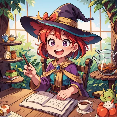 ((masterpiece, best quality)), ((style-swirlmagic):0.4), 
1girl, witch tea , wooden table , cute, happy, vibrant, colorful,  fantasy,
