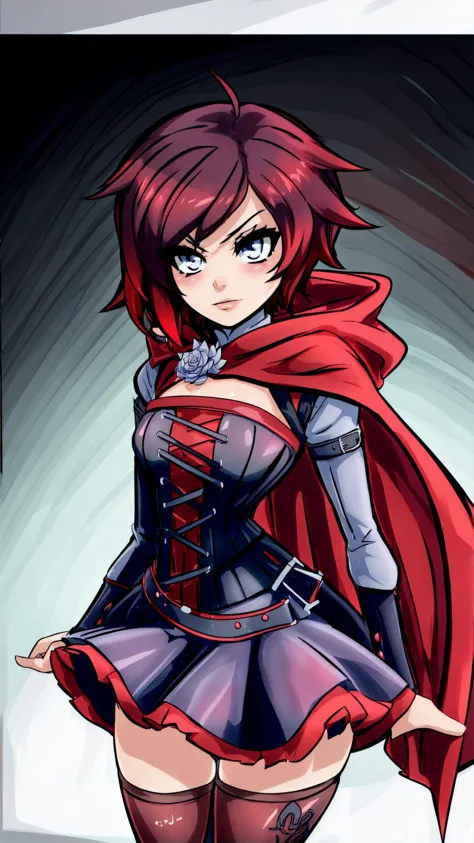 <lora:rwby_rose_mistral-12:1> mistralrose, dress, corset, red cape, thighhighs