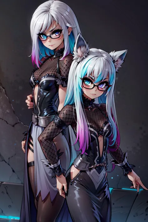 1girl, multicolored hair, (black hair AND white hair),mullet, wolf,black gothic dress,detailed eyes,heterochromia,realistic, glasses