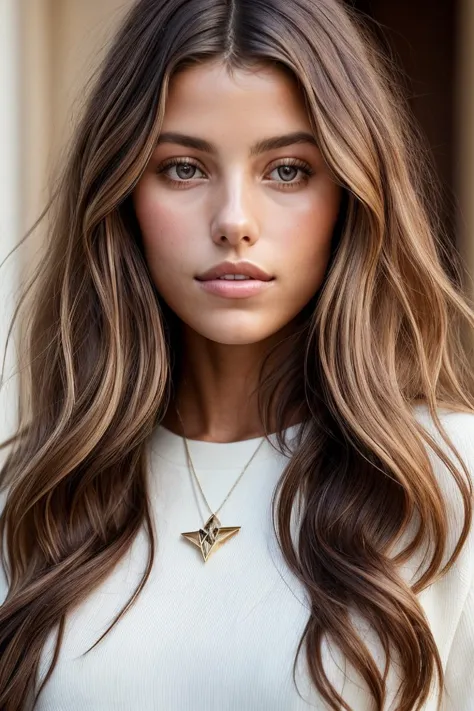 a woman with long hair and a white top is posing for a picture