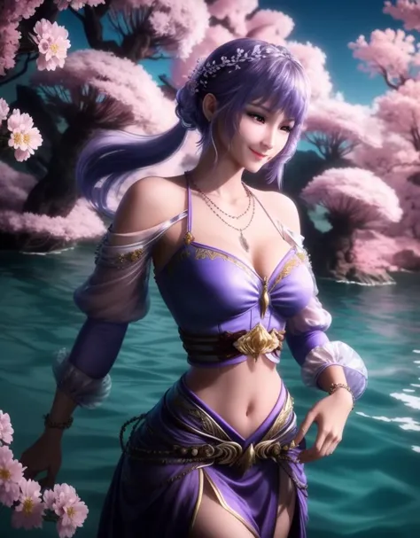 a woman in a purple outfit standing in front of a body of water