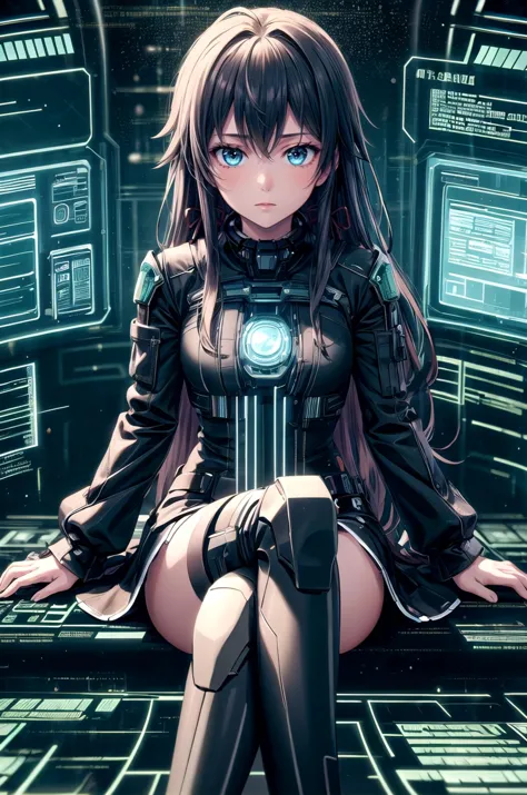 a woman sitting on a bench with a futuristic suit on