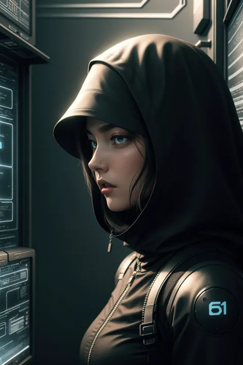 a woman in a hoodie standing in front of a computer screen