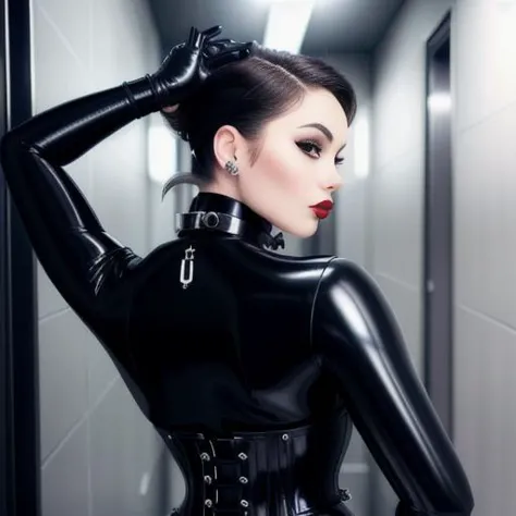 a woman in a black latex outfit posing in a hallway