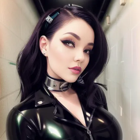 a close up of a woman in a black latex outfit