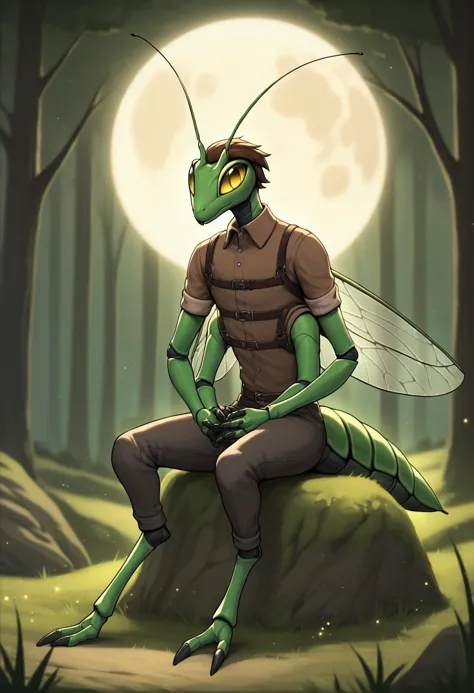 a cartoon insect sitting on a rock in the woods