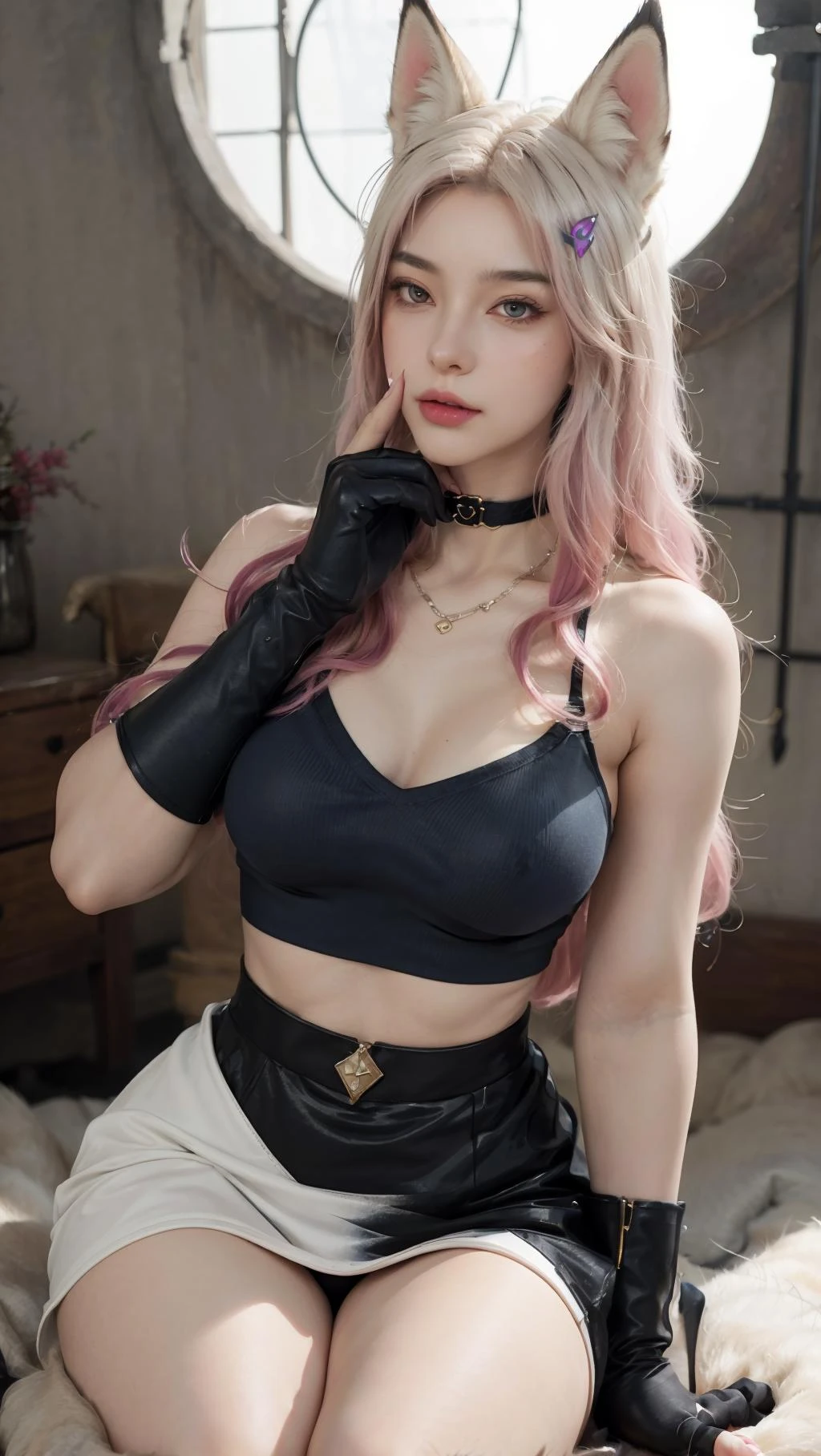 best quality,masterpiece,8k wallpaper,absurdres, highres, ultra detailed, (1 young beautiful girl, solo:1.1),realistic,k/da (league of legends), solo, animal ears,gloves, fox ears, hair ornament, long hair, blonde hair,blue eyes, whisker markings, fingerless gloves, pink hair,multicolored hair,official alternate costume, asymmetrical clothes, makeup, facial mark, hairclip, breasts, skirt, thigh strap, lips, gradient hair, fox tail, single glove,fox tail, (nine-tailed fox (mythological creature):1.3),A fairytale land where magical creatures live and thrive,BREAK
