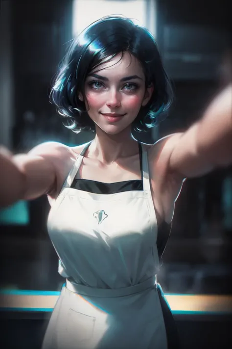 a close up of a woman in a white apron holding a knife