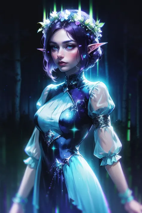 cowboy shot of beautiful elf queen, purple hair, ornate cyan dress with puffy sleeves, see-through sleeves, head wreath, particles, dark forest, night, fog,  <lora:sxz-chromaber2-x:0.7>  (chromatic aberration, glitch:1.2)